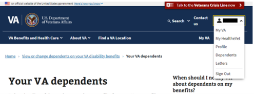 VA Dependents Login Screen from VA Gov website.