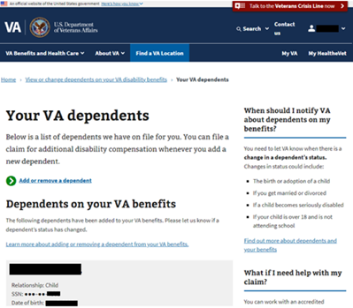 VA Dependents screen from the VA website.