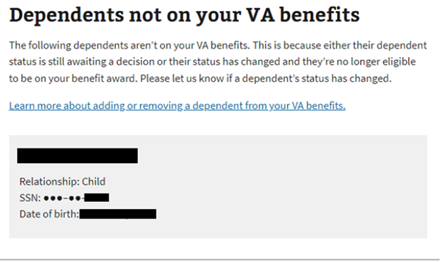 VA website screen image displaying dependents not on VA benefits